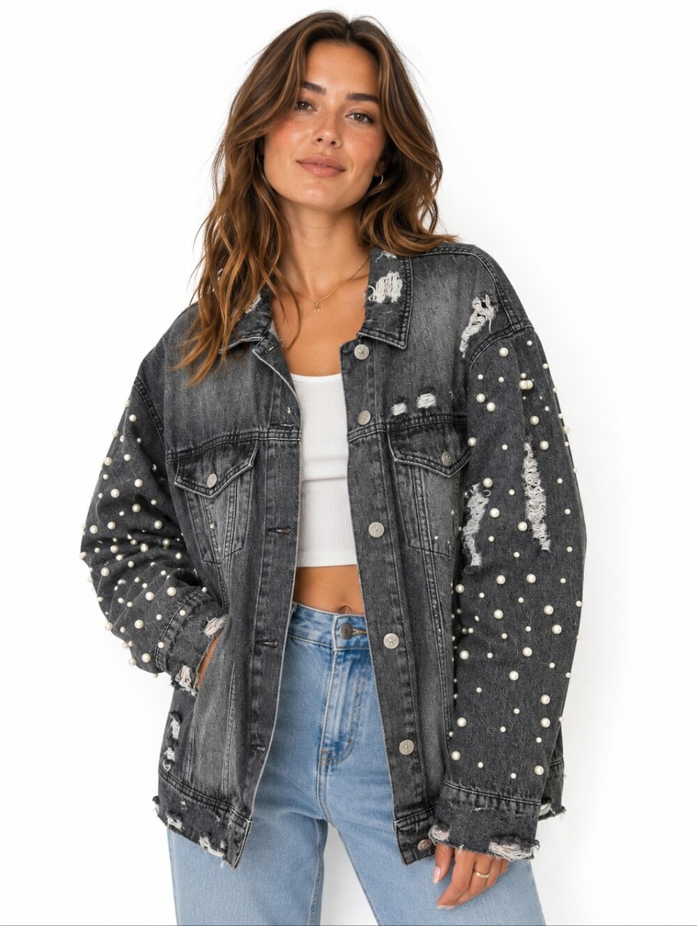 Chelsea Deboer By Lily And Lottie Black Distressed Pearl-Studded Denim Jacket